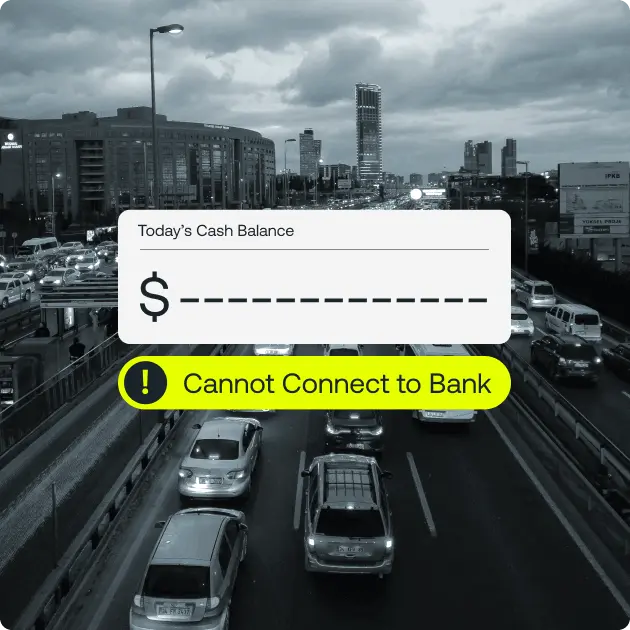 Alert showing inability to connect to bank, emphasizing liquidity gridlock